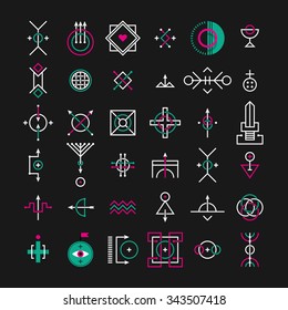 Set of decorative esoteric elements on dark background.