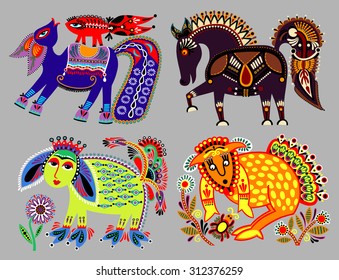 set of decorative ethnic folk animals in Ukrainian traditional karakoko style - fantasy monsters and horses, vector illustration