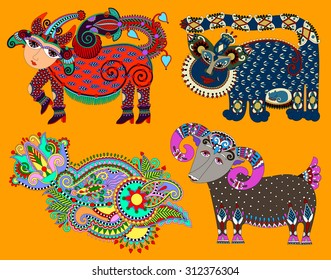 set of decorative ethnic folk animals in Ukrainian traditional karakoko style - fantasy monsters and flower, vector illustration