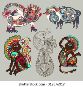 set of decorative ethnic folk animals and bird in Ukrainian traditional karakoko style - monkey, pig and peacock, vector illustration