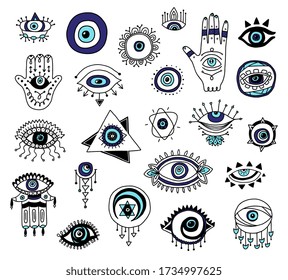 Set of decorative evil eyes and Fatima hands icons or symbols, cartoon vector illustration isolated on white background. Protection charms or amulets collection.