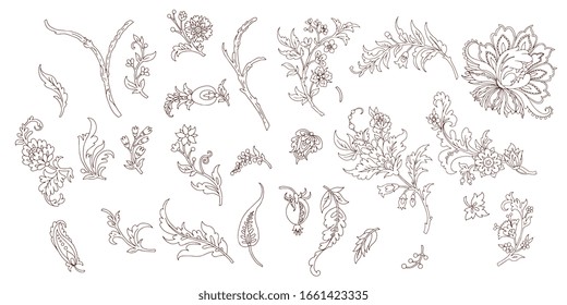 Set of decorative fancy flowers, vector line art