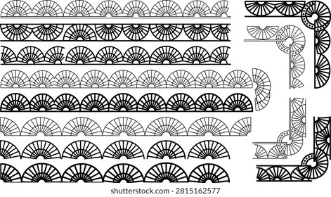 Set of decorative fanshaped border elements and corner designs transparent background