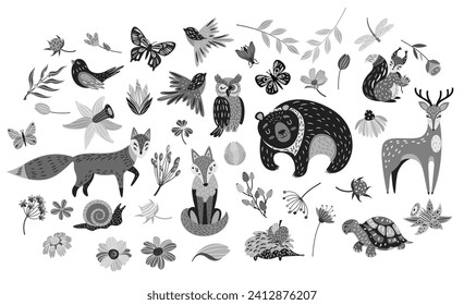 Set of decorative fantastic animals and plants in flat style. Isolate on white background, vector.