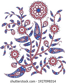 Set of decorative fantasy flowers, leaves and branches inspired indian paisley culture. Floral embroidery in oriental style. Vector apparel ornament on white backround for fabric decoration.