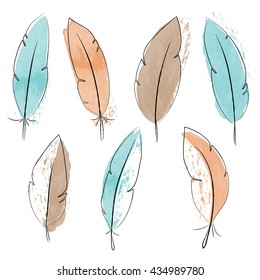 set of decorative feathers watercolor effect vector