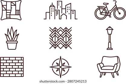 Set of decorative featuring abstract patterned pillows, city skyline, bicycle, potted plant, street lamp, brick wall, and compass rose