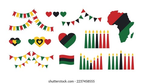 Set of decorative festive elements for Kwanzaa festival. African American traditions and culture, signs and symbols - candles, pennants, hearts, map of Africa. Happy Kwanzaa. African American festival