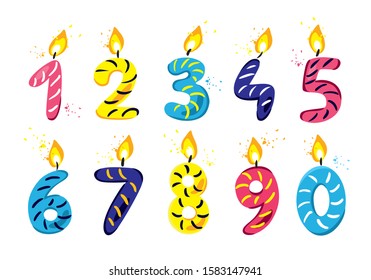 Set of decorative figures in the shape of candles with lights hand drawn on a white background. Elements for decoration of invitations, cards, posters for the birthday. Cartoon vector illustration.