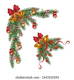 Set of decorative fir branches corner elements with Christmas bells and red bow cartoon vector illustration isolated on white background. Xmas and New Year holiday decor.