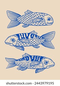 Set of decorative fish drawing hand drawn vector illustration. Koi, salmon, Vintage Japanese, chinese traditional style.