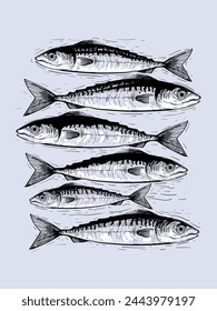 Set of decorative fish drawing hand drawn vector illustration. Koi, salmon, Vintage Japanese, chinese traditional style.