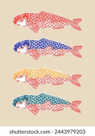 Conjunto de peces decorativos dibujado a mano ilustración vectorial. Koi, salmón, japonés vintage, estilo tradicional chino.