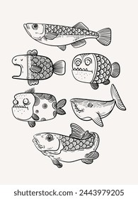 Conjunto de peces decorativos dibujado a mano ilustración vectorial. Koi, salmón, japonés vintage, estilo tradicional chino.