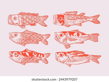 Set of decorative fish drawing hand drawn vector illustration. Koi, salmon, Vintage Japanese, chinese traditional style.