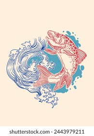 Conjunto de peces decorativos dibujado a mano ilustración vectorial. Koi, salmón, japonés vintage, estilo tradicional chino.