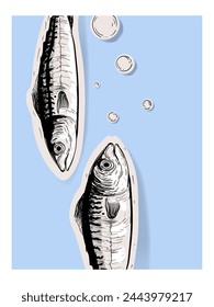 Set of decorative fish drawing hand drawn vector illustration. Koi, salmon, Vintage Japanese, chinese traditional style.