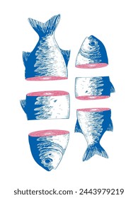 Set of decorative fish drawing hand drawn vector illustration. Koi, salmon, Vintage Japanese, chinese traditional style.