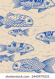 Set of decorative fish drawing hand drawn vector illustration. Koi, salmon, Vintage Japanese, chinese traditional style.