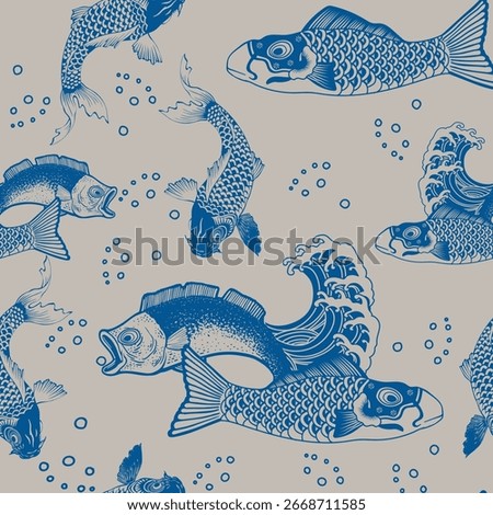 Set of decorative fish drawing hand drawn vector illustration. Koi, salmon, Vintage Japanese, chinese traditional style.