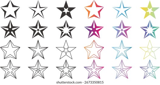Set von dekorativen Fünf-Punkte-Sternenformen in schwarzen und farbenfrohen Farbverlauf-Stilen. Umriss, durchgezogene und abstrakte Fünf-Punkte-Sterne für Logos, Symbole, Muster und Designprojekte.