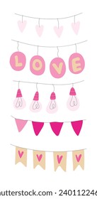 Set of decorative flags, lanterns, light bulbs for Valentine's day for your design. Sticker pack. Isolated elements on a white background. hand drawn Doodle. Vector illustration.