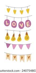 Set of decorative flags, lanterns, light bulbs for Valentine's day for your design. Sticker pack. Isolated elements on a white background. hand drawn Doodle. Vector illustration.