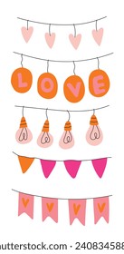 Set of decorative flags, lanterns, light bulbs for Valentine's day for your design. Sticker pack. Isolated elements on a white background. hand drawn Doodle. Vector illustration.