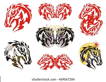 Set of decorative flaming symbols of the horse head ready for labels, stickers and T-shirt designs. Ready for vinyl cutting and engraving