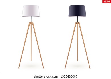 Set of Decorative Floor Lamp Tripod Original Sample Model with Silk Shade and solid wood legs. For Loft, Living Room, Bedroom, Study Room and Office. Vector Illustration isolated on white background.