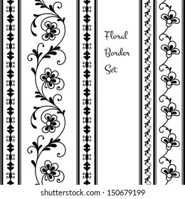 Set of decorative floral borders, black and white vector illustration