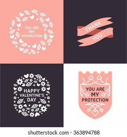 Set of Decorative Floral Circle Frames. Happy Valentines Day Celebration. Vector Design Element for Greeting Card. Pink and Black Colors