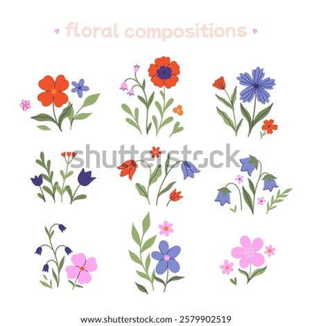 Set of decorative floral compositions on a white background. Vector graphics.