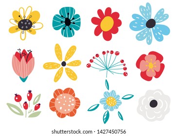 Set of decorative floral design elements. Flat cartoon vector illustration. Illustration of nature flower spring and summer in garden. Set of flowers and floral elements isolated on white background.