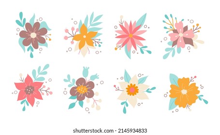 Set of decorative floral design elements. Spring and summer flowers. Colorful flat vector illustration.