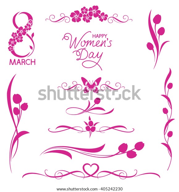 Set of decorative floral elements. 8\
March holiday. Women\'s day calligraphic dividers with tulips and\
flower silhouettes. Happy Women\'s day\
text