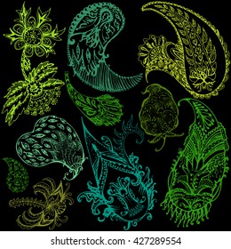 Set of decorative floral elements of beautiful paisley design. Paisleys in different shapes and texture. Vector Illustration 