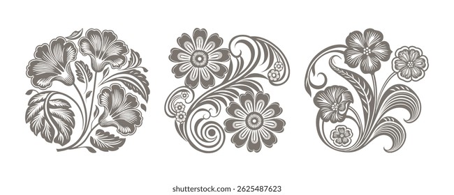 Conjunto de Elementos florales decorativos. Elegantes adornos florales de grabado. ilustración.