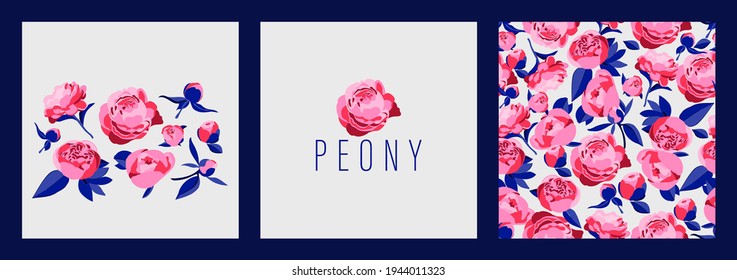Set von dekorativen Blumenelementen. Peony oder Rose auf weißem Hintergrund. Vektorgrafik von Blumen, Knospen, Blättern. Ideal für Hochzeitsdekoration, Dekoration, Papierdruck, Textilien.
