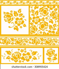 Set of decorative floral elements and seamless patterns and borders, gold flowers and leaves on white background.