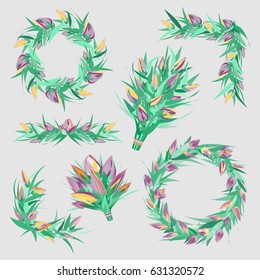 Set of decorative floral elements: wreath, bouquet, border. Leaves and flowers. Soft pastel colors. Save the Date, invitation, congratulation. 