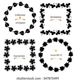 Set of decorative floral frame - circle frames, square frames. Lime leaf, strawberry leaf, oak leaf, maple leaf shapes. Classic black frames collection. Leaves frames, floral border, garland.