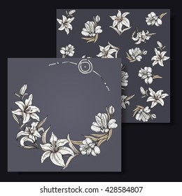  set of decorative floral frame with white lily and seamless pattern with white  lily