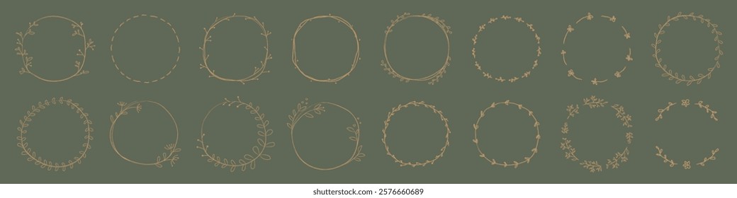 Set of decorative floral frames in gold. Circular floral frames with intricate gold designs. Perfect for elegant invitations or decorative projects. Frame element vector set.