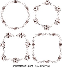 Set of decorative floral frames of sketches vine branches with grape bunches in vintage style