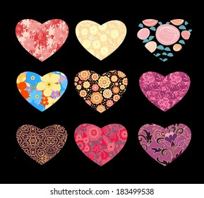 Set of decorative floral  hearts on dark backgorund