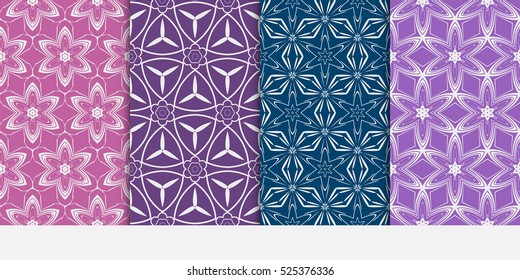 set of decorative floral and leave pattern. purple color. Vector seamless. For interior design, invitation, wallpaper.