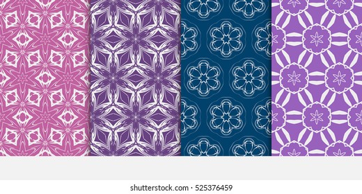 set of decorative floral and leave pattern. purple color. Vector seamless. For interior design, invitation, wallpaper.