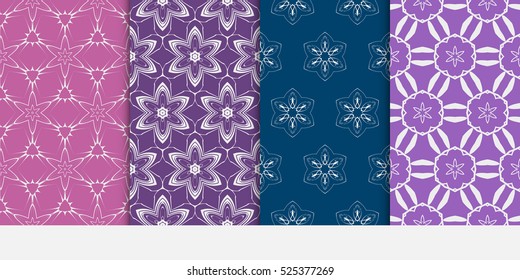 set of decorative floral and leave pattern. purple color. Vector seamless. For interior design, invitation, wallpaper.