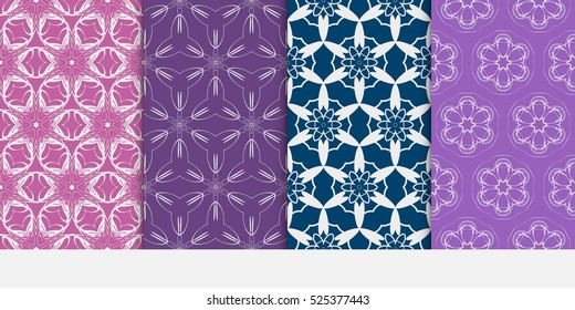 set of decorative floral and leave pattern. purple color. Vector seamless. For interior design, invitation, wallpaper.